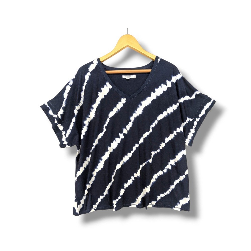 Chicos Navy Blue White Tie Dye V-Neck T-Shirt Top Size 4 XXL 570362157